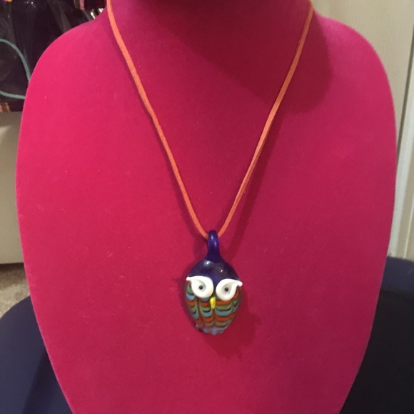 glass owl necklace leather new handmade - Picture 2 of 4